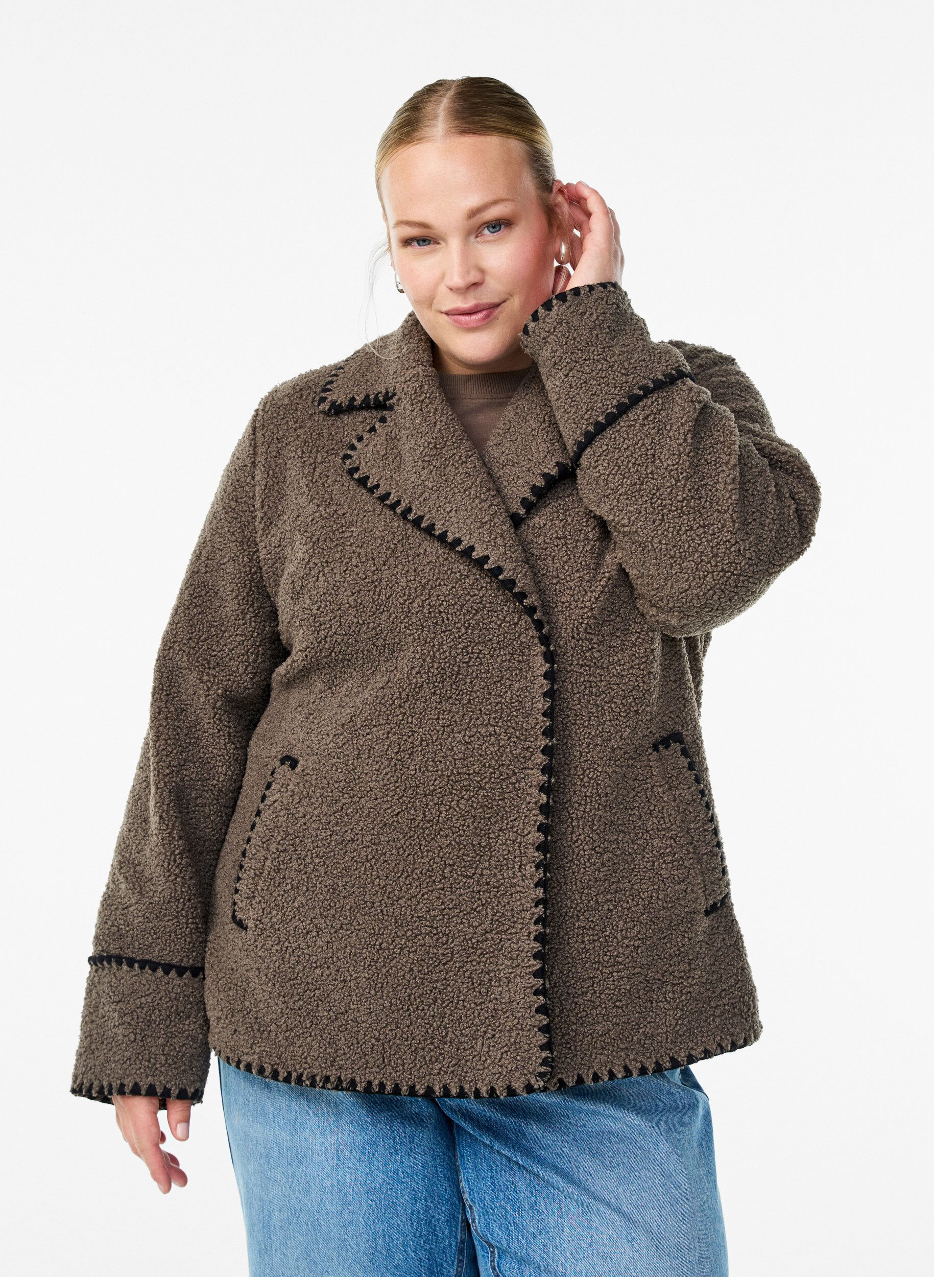 ZizzifashionTeddy jacket with contrast details, Brown, Model image number 0