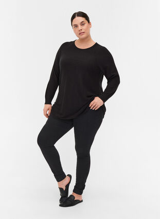 Knit blouse with texture and round neckline, Black, Model image number 2