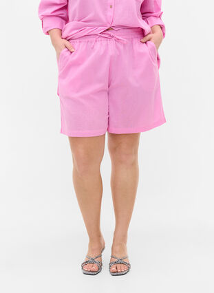 Loose shorts in cotton blend with linen, Begonia Pink, Model image number 1