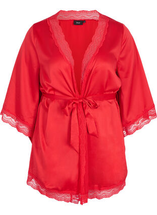 Dressing gown with lace details and 3/4-length sleeves, True Red , Packshot image number 0