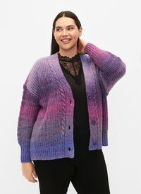 Melange knit cardigan with buttons, Pansy Mel. Comb, Model
