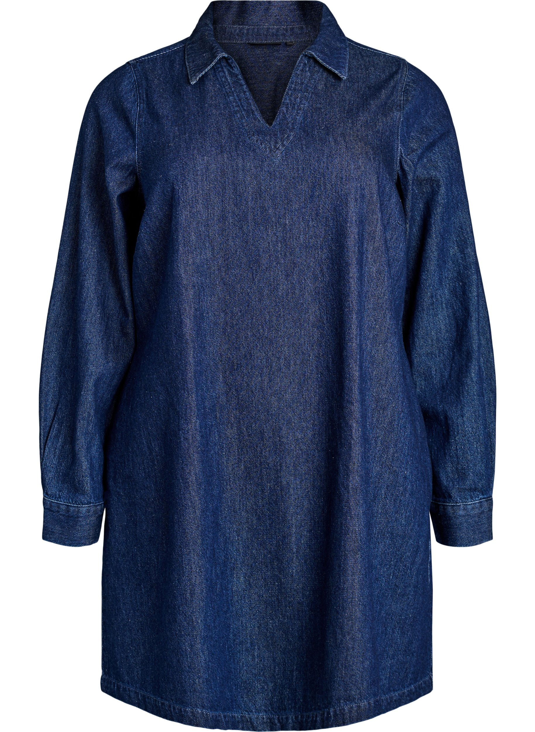 Short denim dress with a V-neck and collar