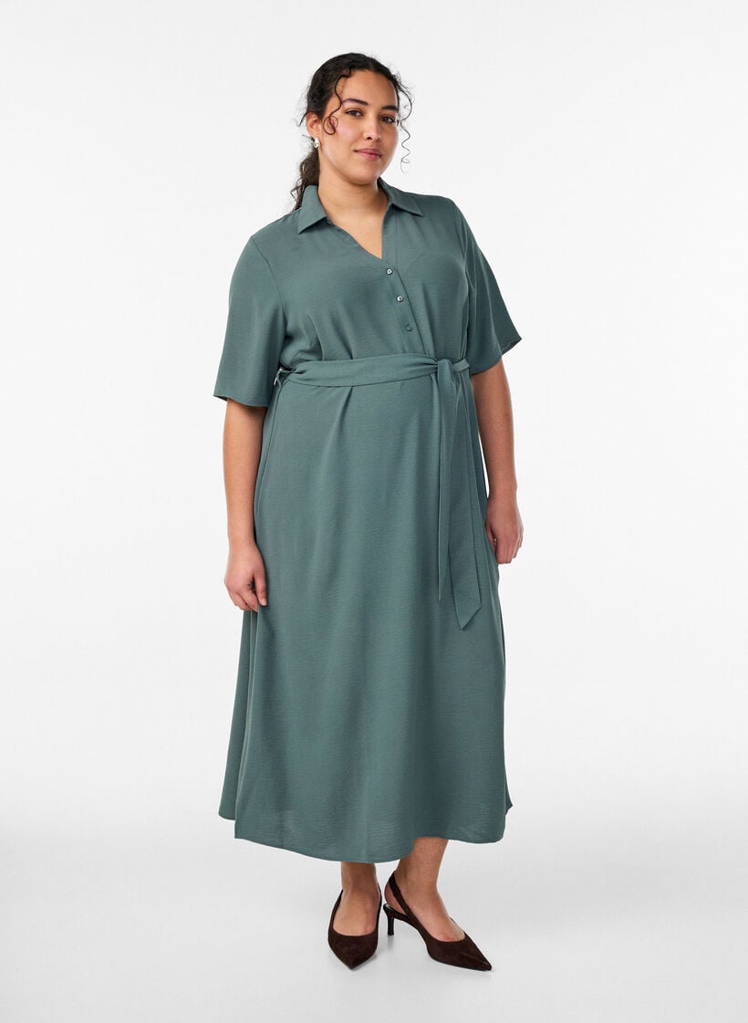 Midi shirt dress with tie belt, Green, Model image number 0