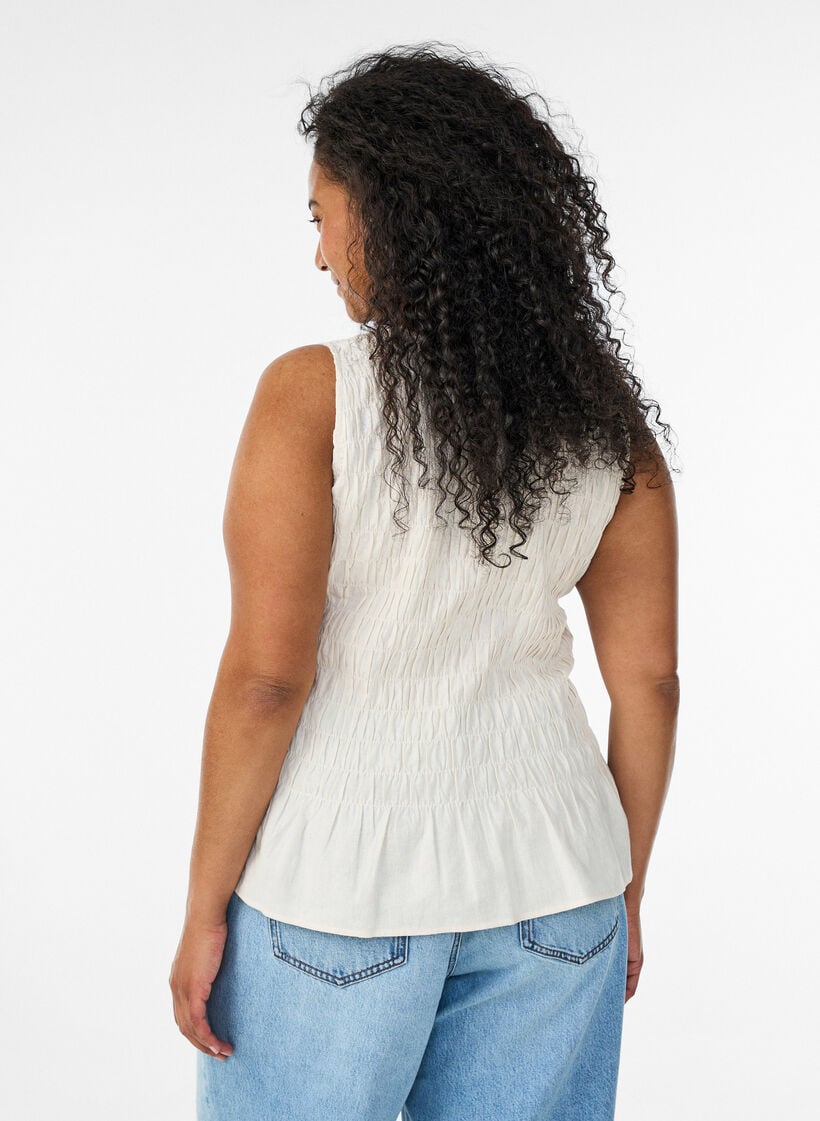 Sleeveless cotton and linen top with smock, Vanilla, Model image number 2