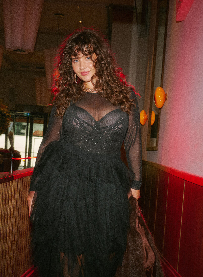 Sheer mesh blouse with rhinestones, Black, Image image number 0