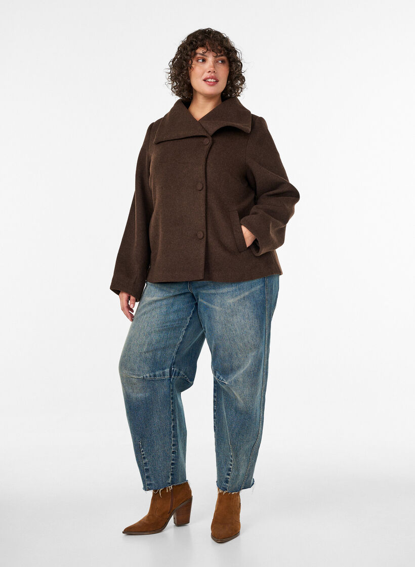 Short jacket with asymmetric button fastening, Brown, Model image number 1