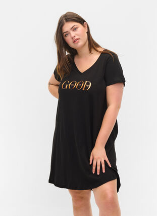 Short-sleeved cotton nightdress with print, Black GOOD, Model image number 0