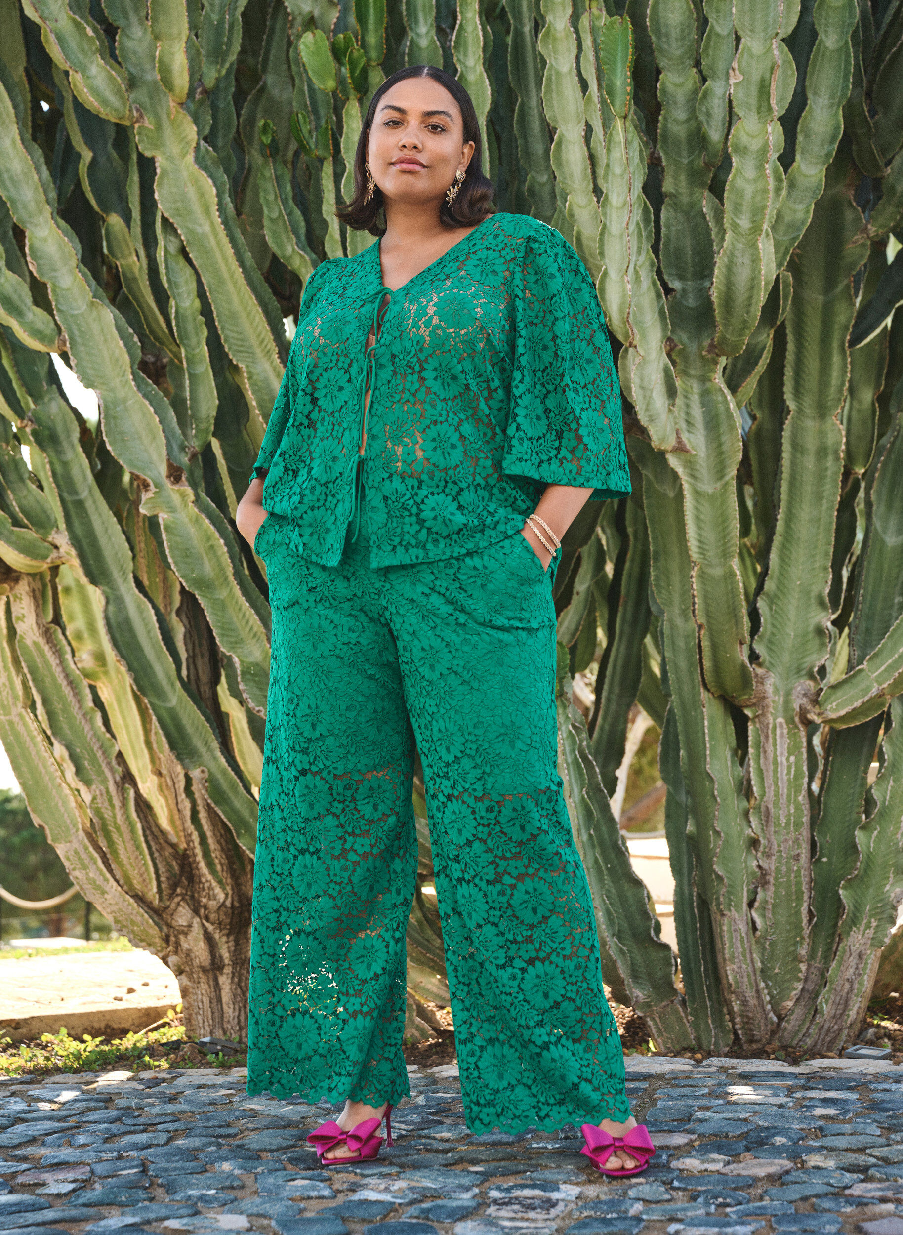 Zizzifashion Lace trousers with a high waist and pockets, Green, Image image number 0