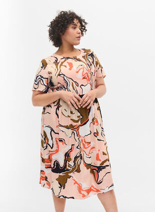 Printed viscose dress with smock, Abstract AOP, Model image number 0