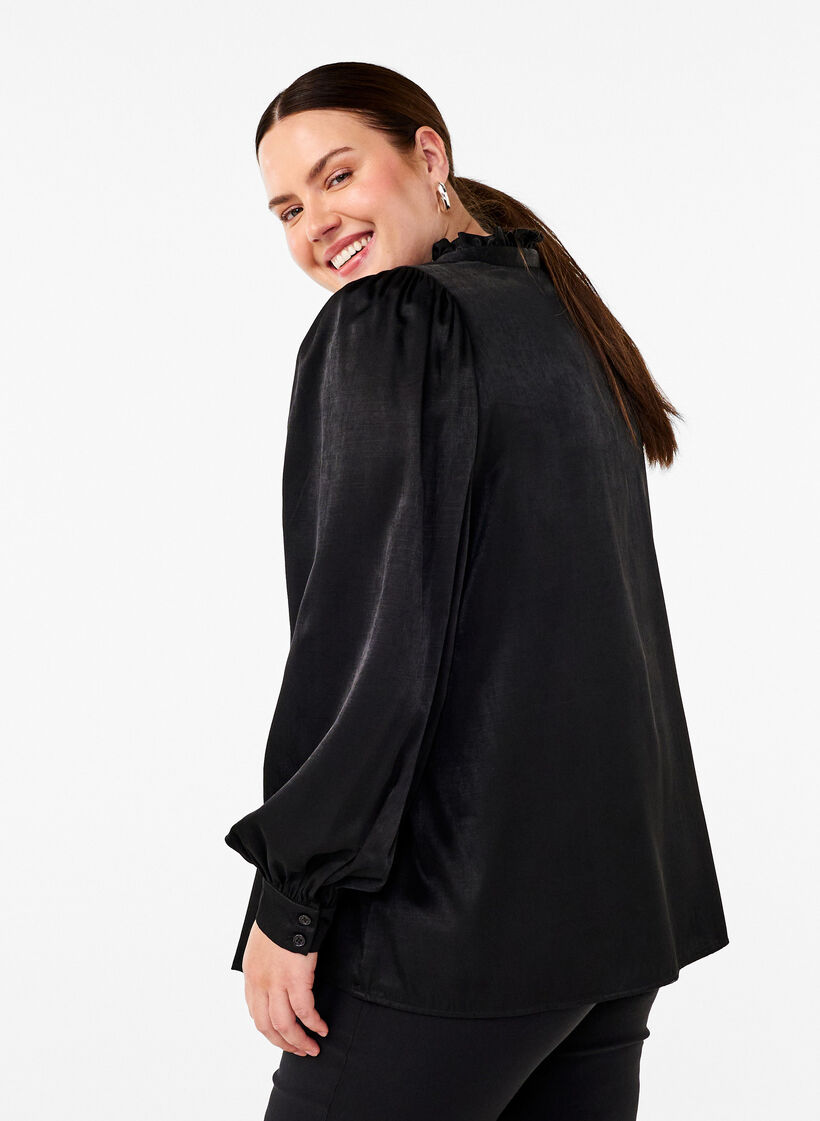 Long-sleeved blouse with ruffles and v-neck, Black, Model image number 1
