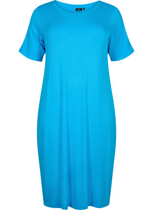 Viscose rib midi dress with short sleeves, Ibiza Blue, Packshot image number 0
