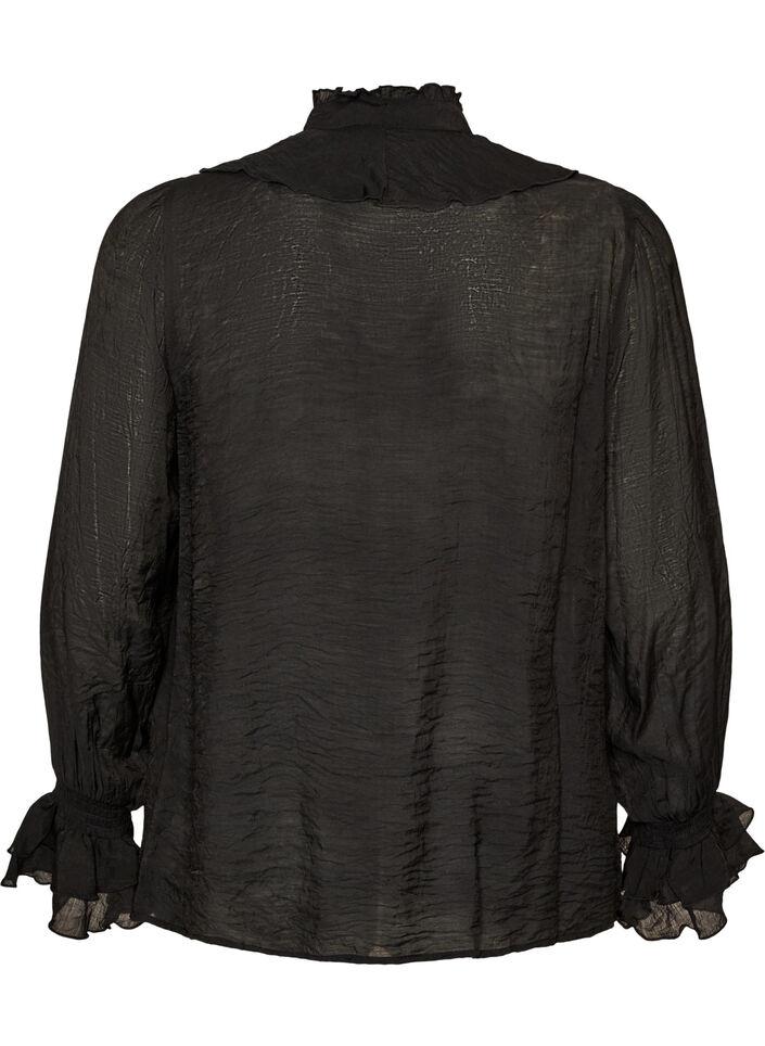 Viscose blouse with ruffles and long sleeves, Black, Packshot image number 1