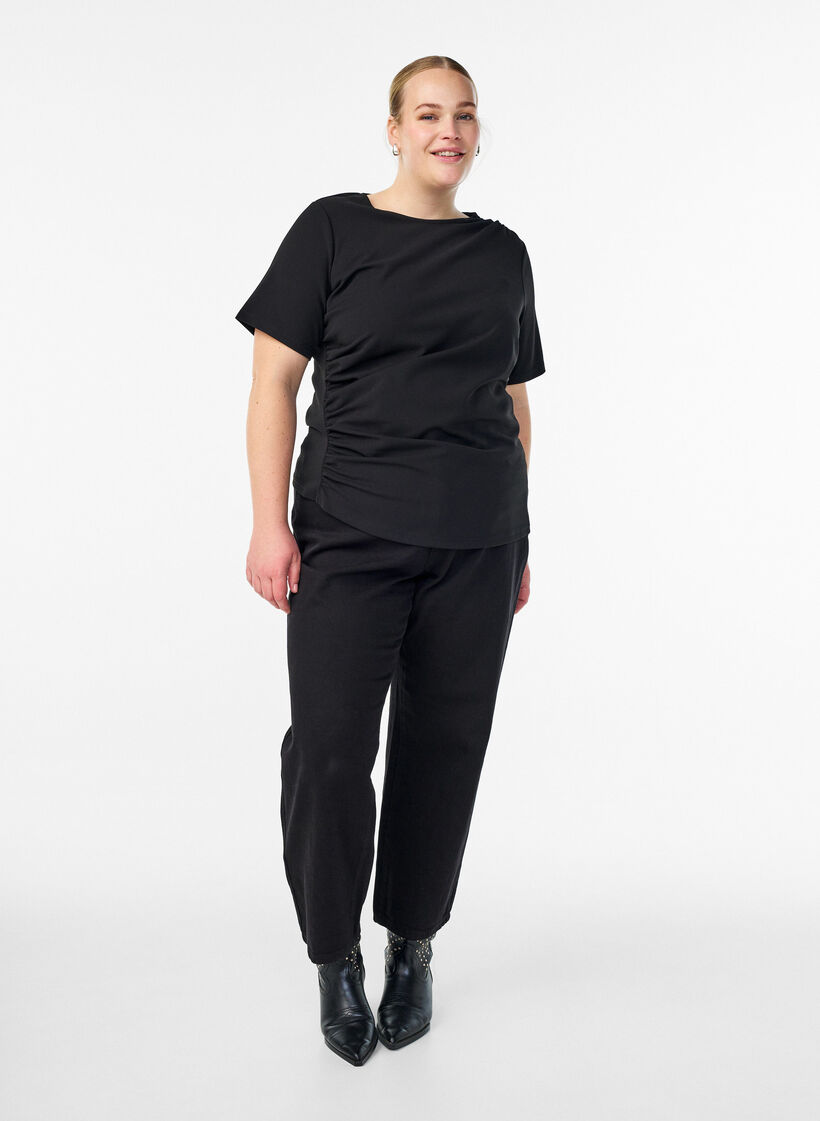 Short-sleeved blouse with ruching and an asymmetrical hem, Black, Model image number 1
