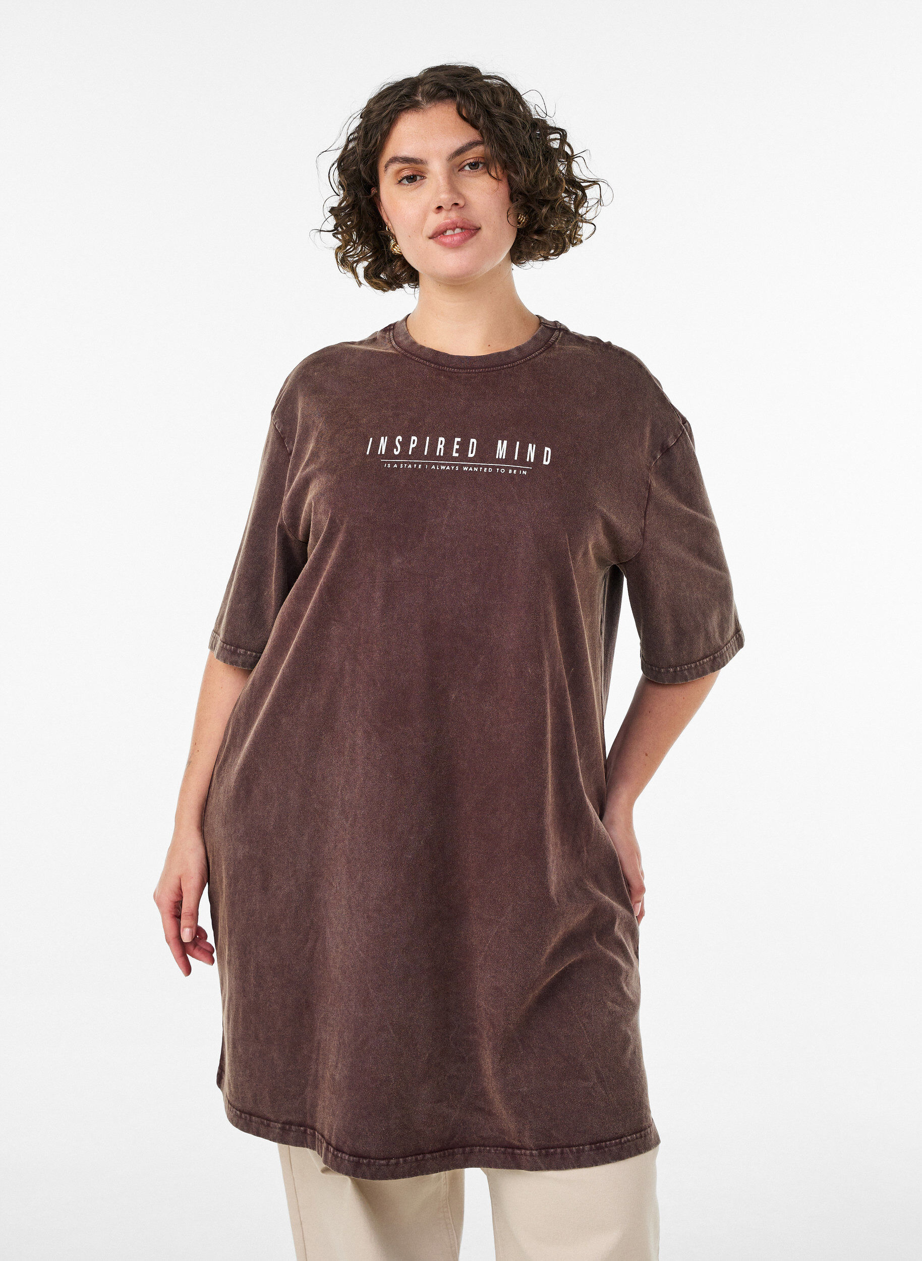 ZizzifashionLoose T-shirt dress with a washed look, Brown, Model image number 0