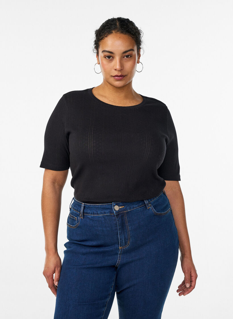 Cotton T-shirt with eyelet embroidery, Black, Model image number 0