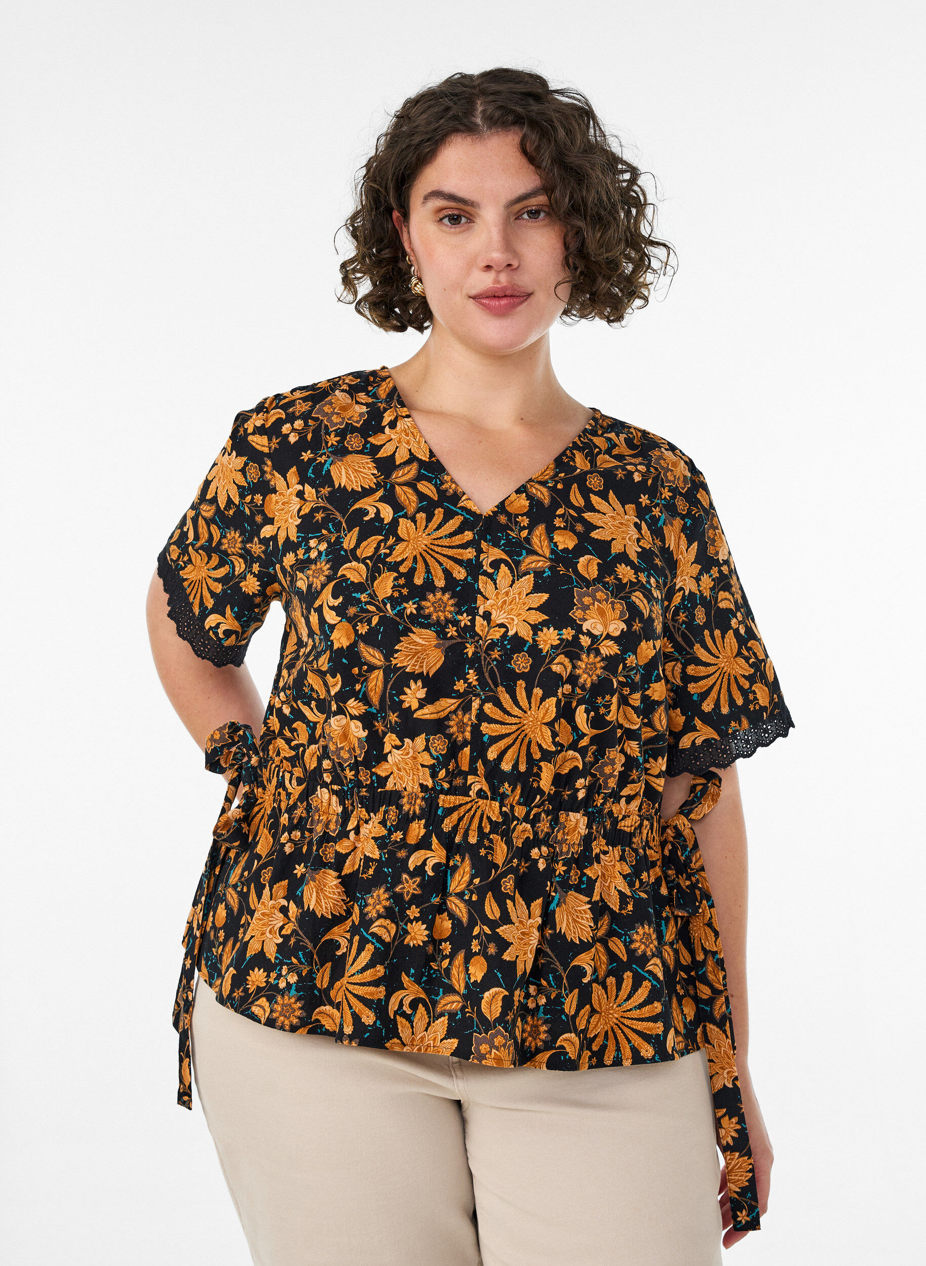 ZizzifashionFloral cotton blouse with tie-fastening, Orange, Model image number 0