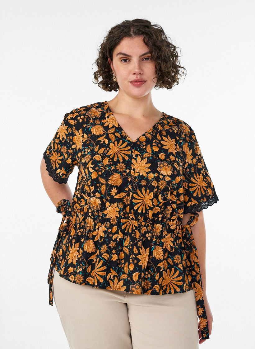 Floral cotton blouse with tie-fastening, Orange, Model image number 0