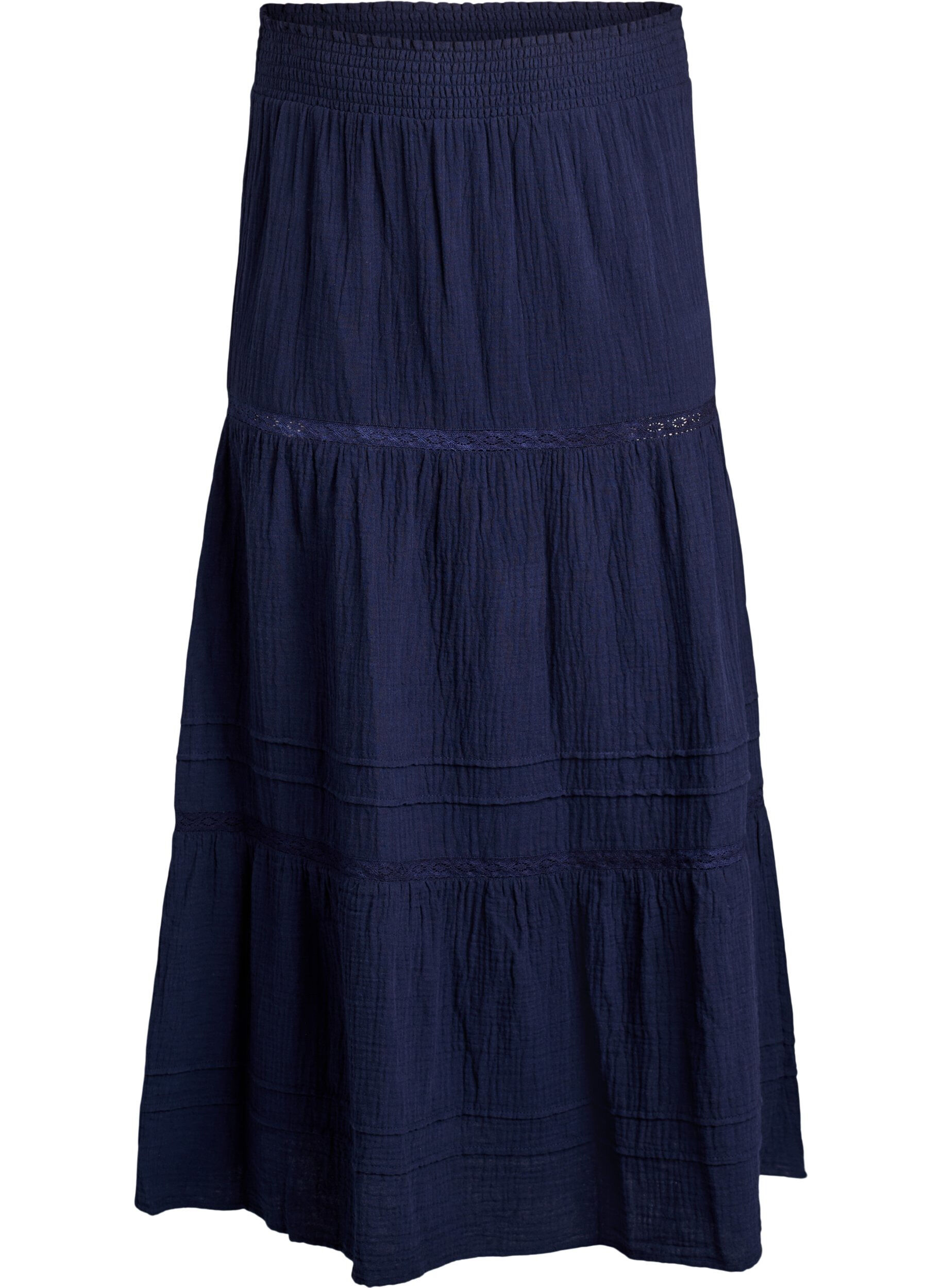 ZizzifashionA-line midi skirt in cotton muslin with crochet band, Blue, Packshot image number 0