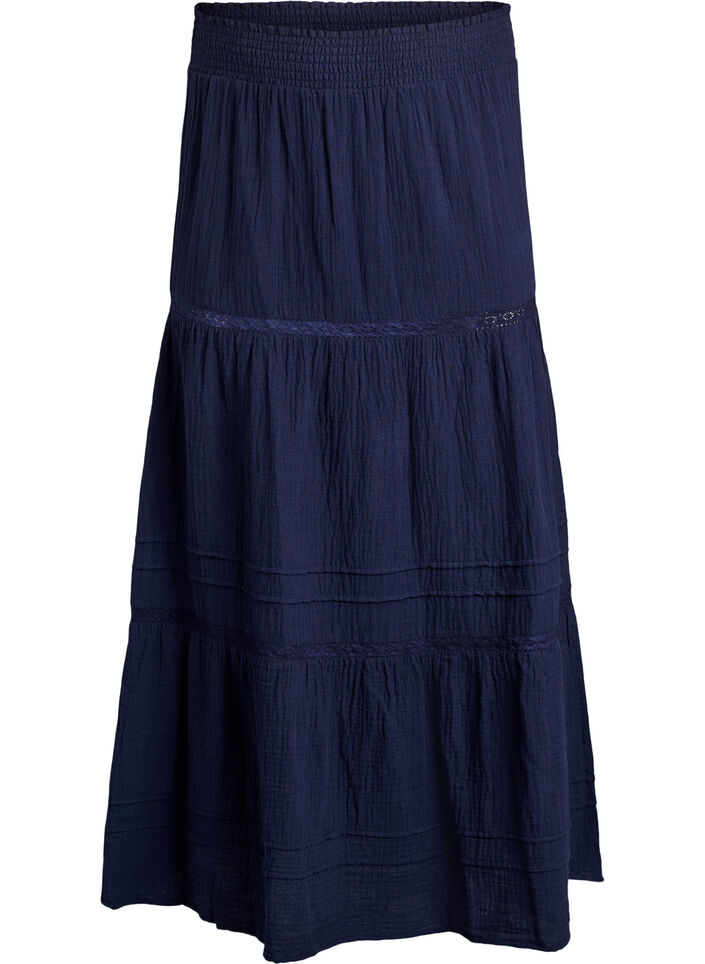 A-line midi skirt in cotton muslin with crochet band, Blue, Packshot image number 0