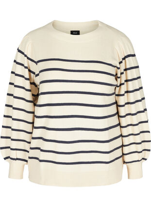 Striped knitted blouse with balloon sleeves, Birch W/Navy stripes, Packshot image number 0