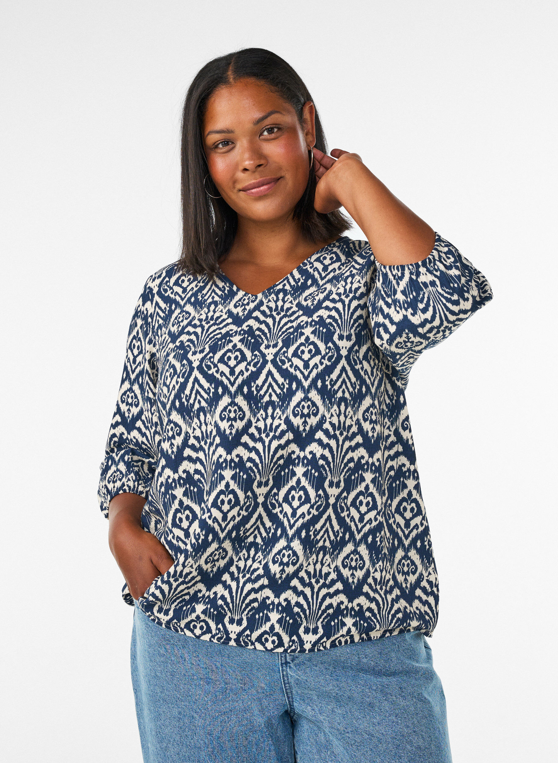 ZizzifashionPatterned viscose blouse with 3/4-sleeves, Blue, Model image number 0