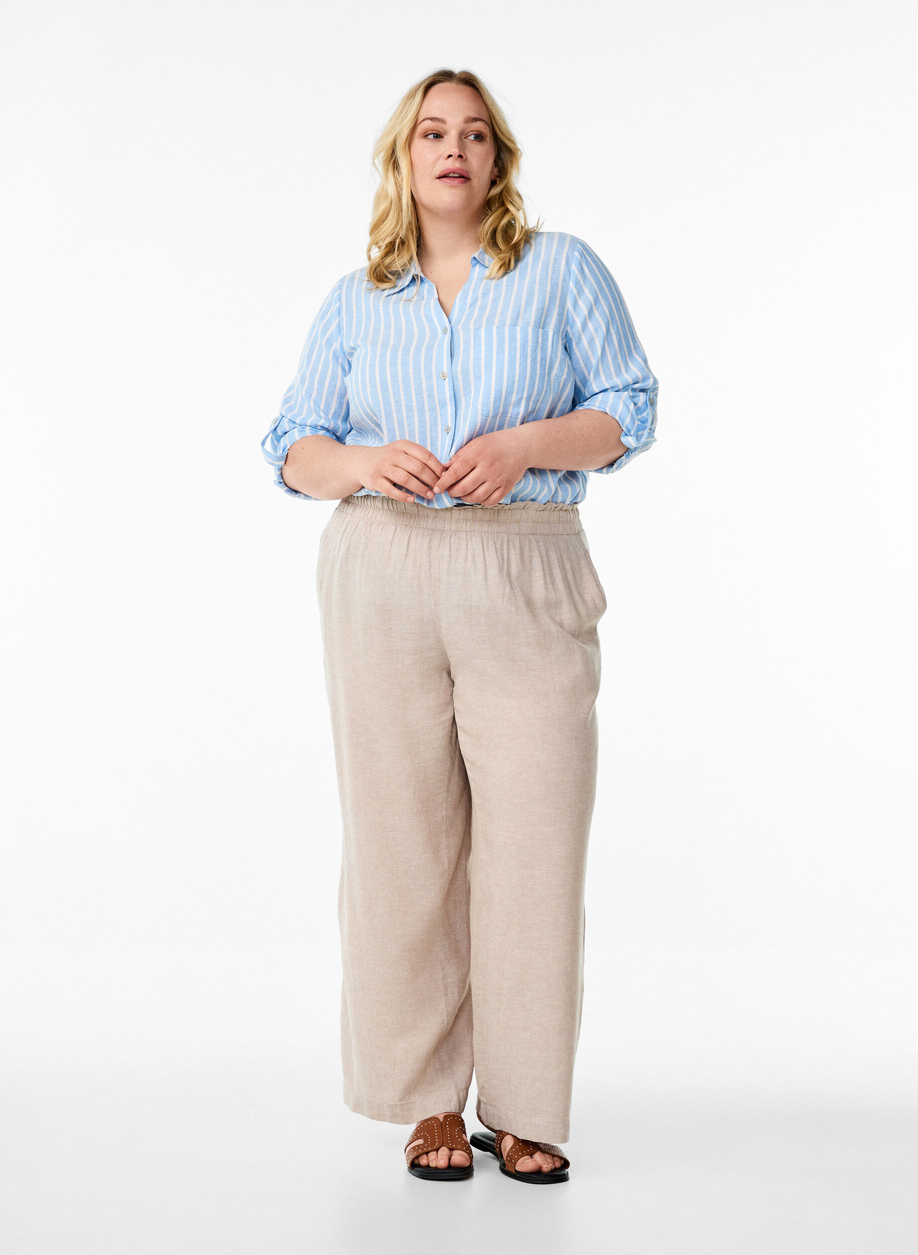 Zizzifashion Shirt in linen and viscose with 3/4 sleeves, Light Blue, Model image number 1