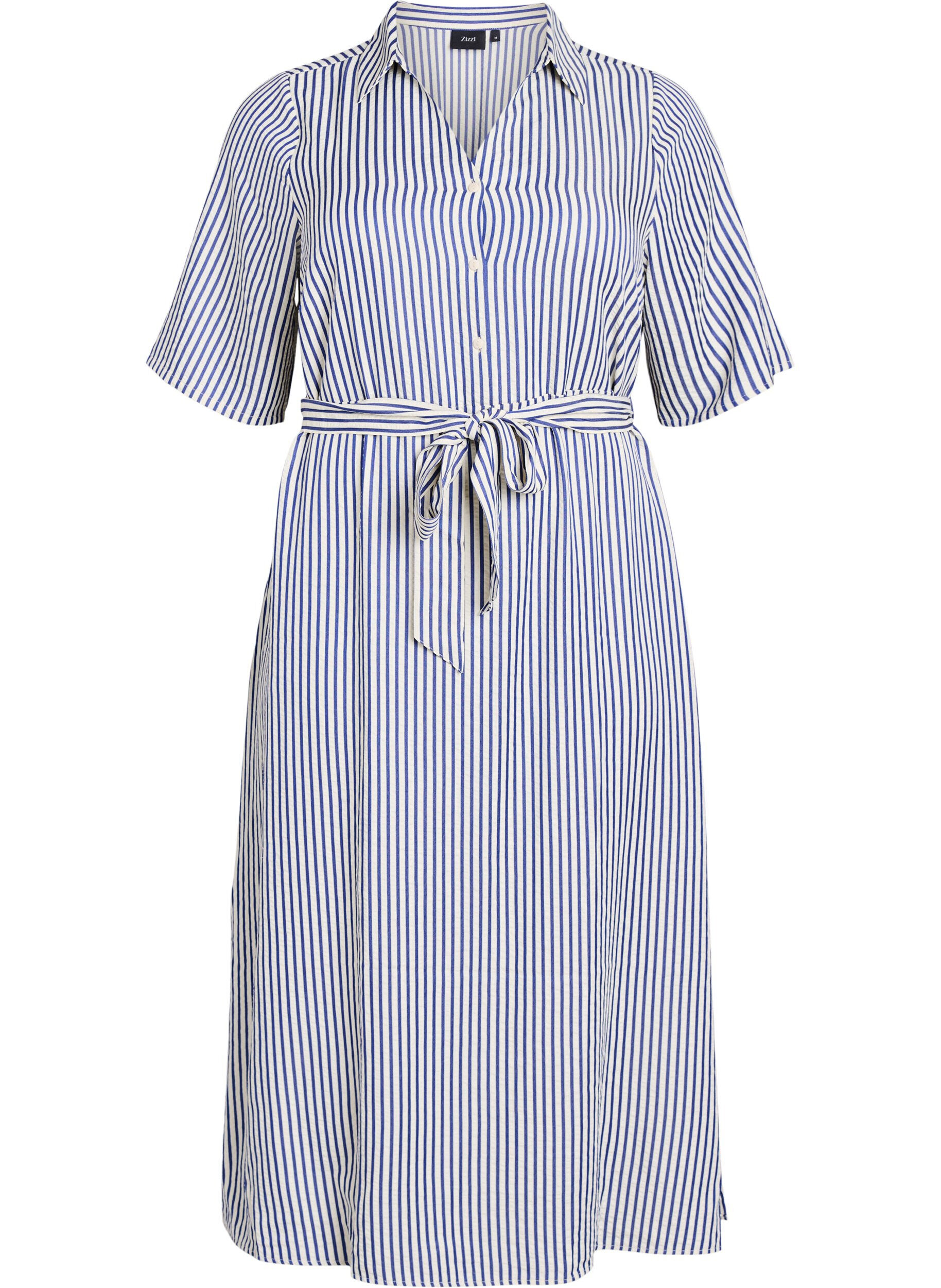 Ankle-length shirt dress with tie belt and stripes