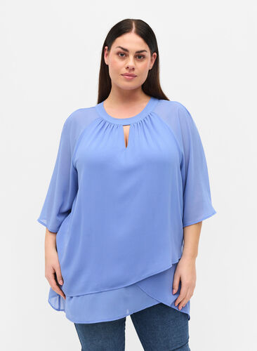 Chiffon blouse with 3/4 sleeves, Wedgewood, Model image number 0
