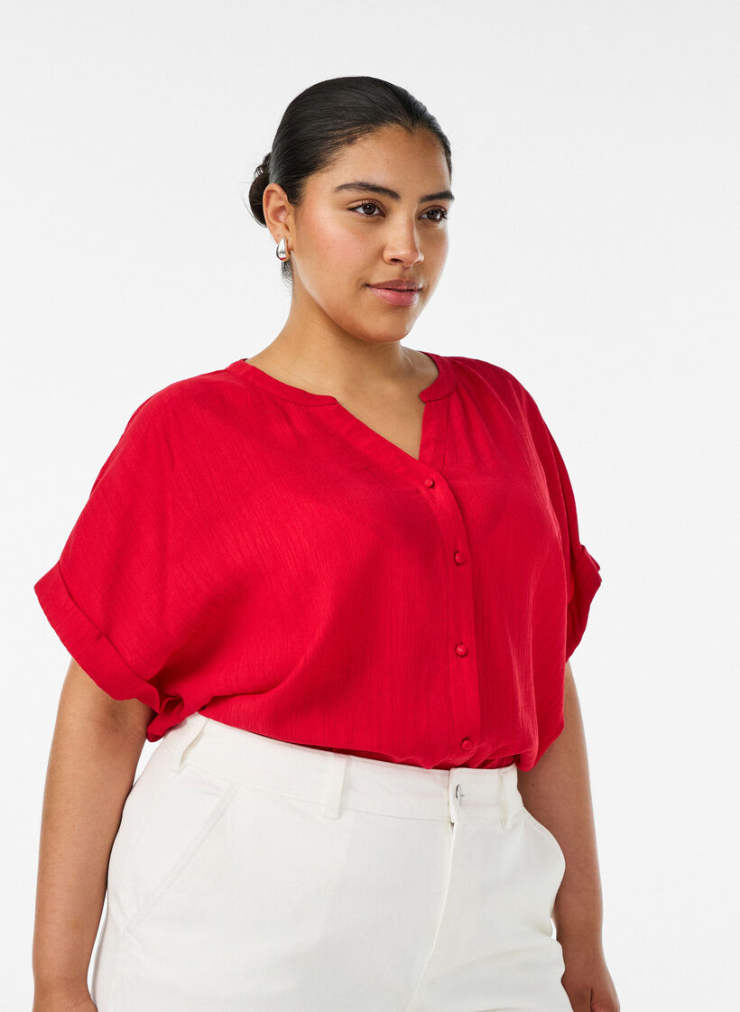 Viscose blouse with buttons and texture, Red, Model image number 0
