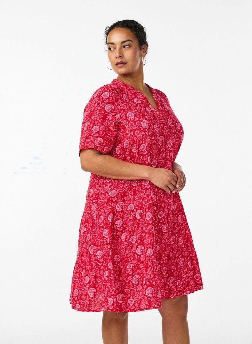 Short A-line dress in cotton muslin, Red, Model image number 0