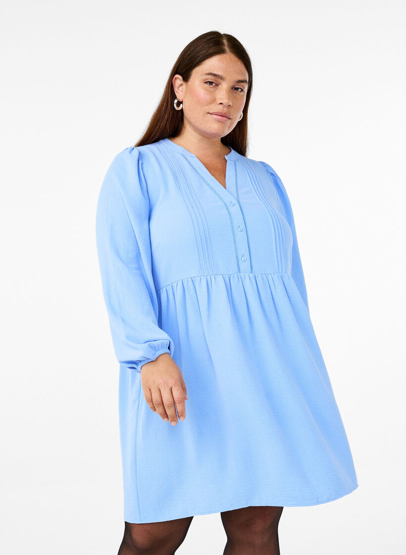 FLASH - Short dress with pleats and long sleeves, Light Blue, Model image number 0