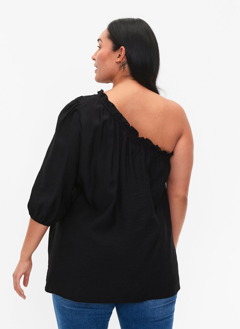 One-shoulder blouse in viscose, Black, Model image number 2