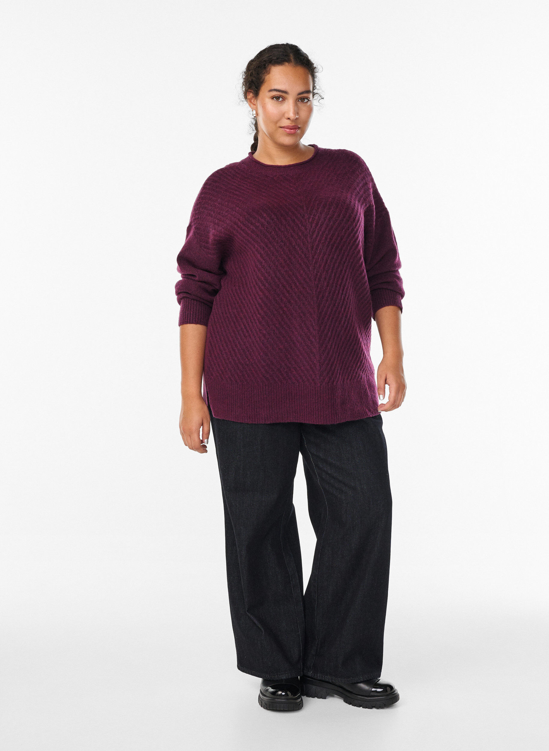 Zizzifashion Knitted blouse with V-shaped rib pattern and slits, Purple, Model image number 1