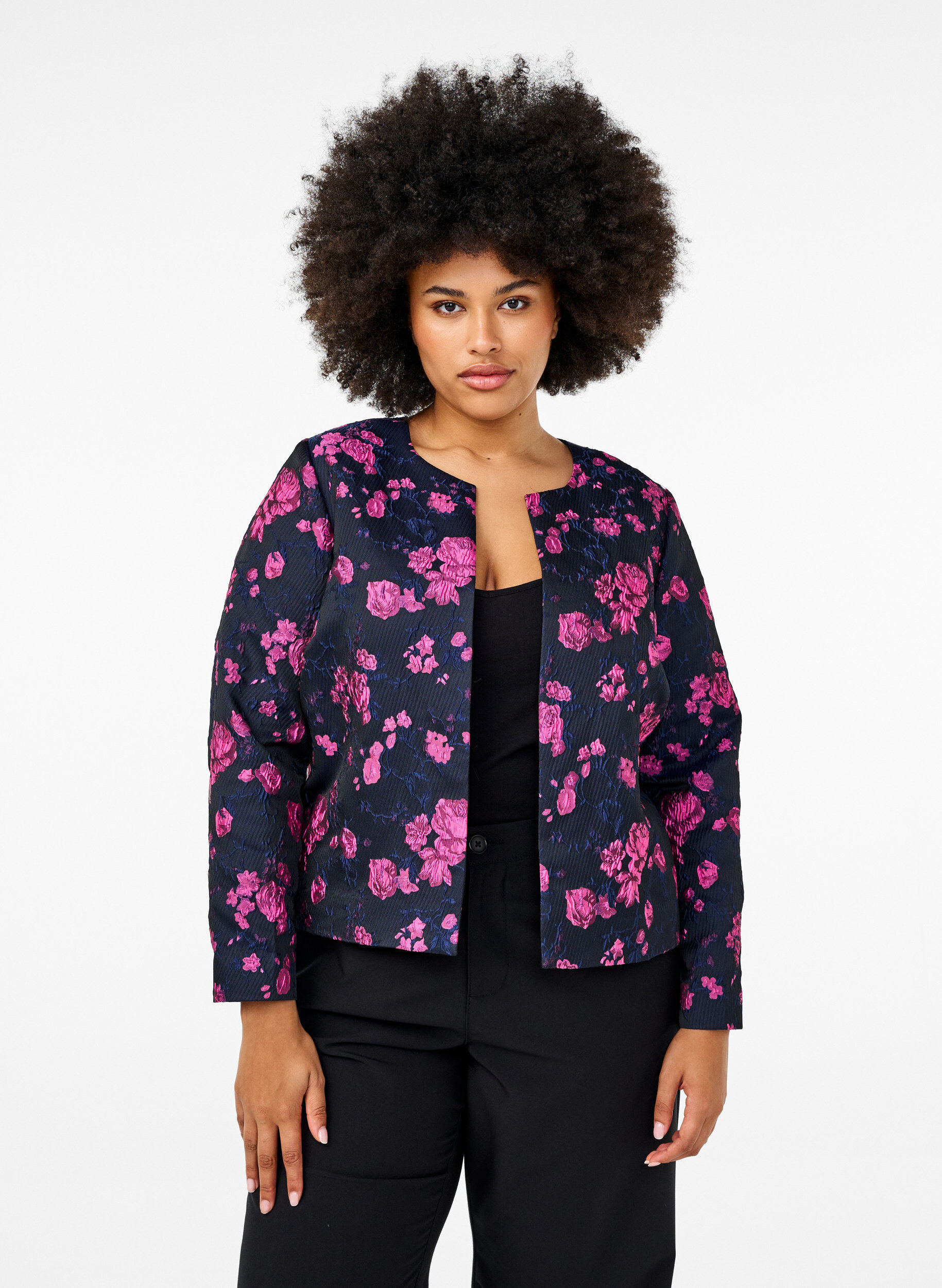 Zizzifashion Jacquard jacket with floral pattern, Black w. Red Rose, Model image number 0