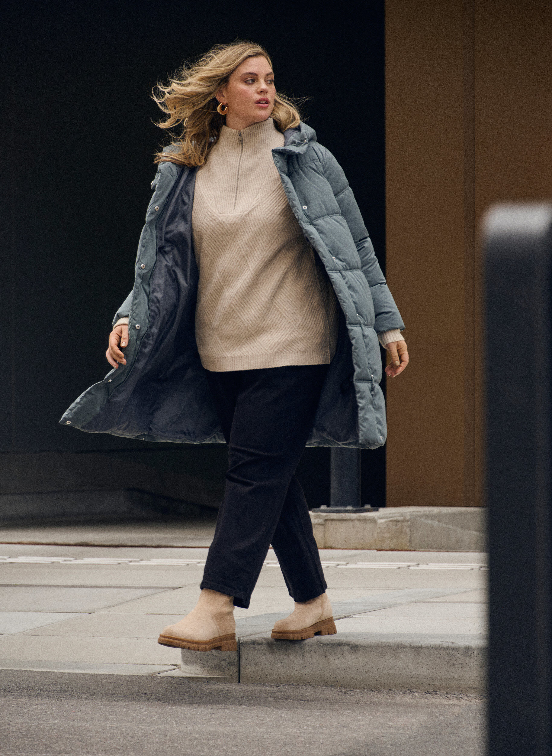 Zizzifashion Long hooded puffer jacket, Blue, Image image number 0