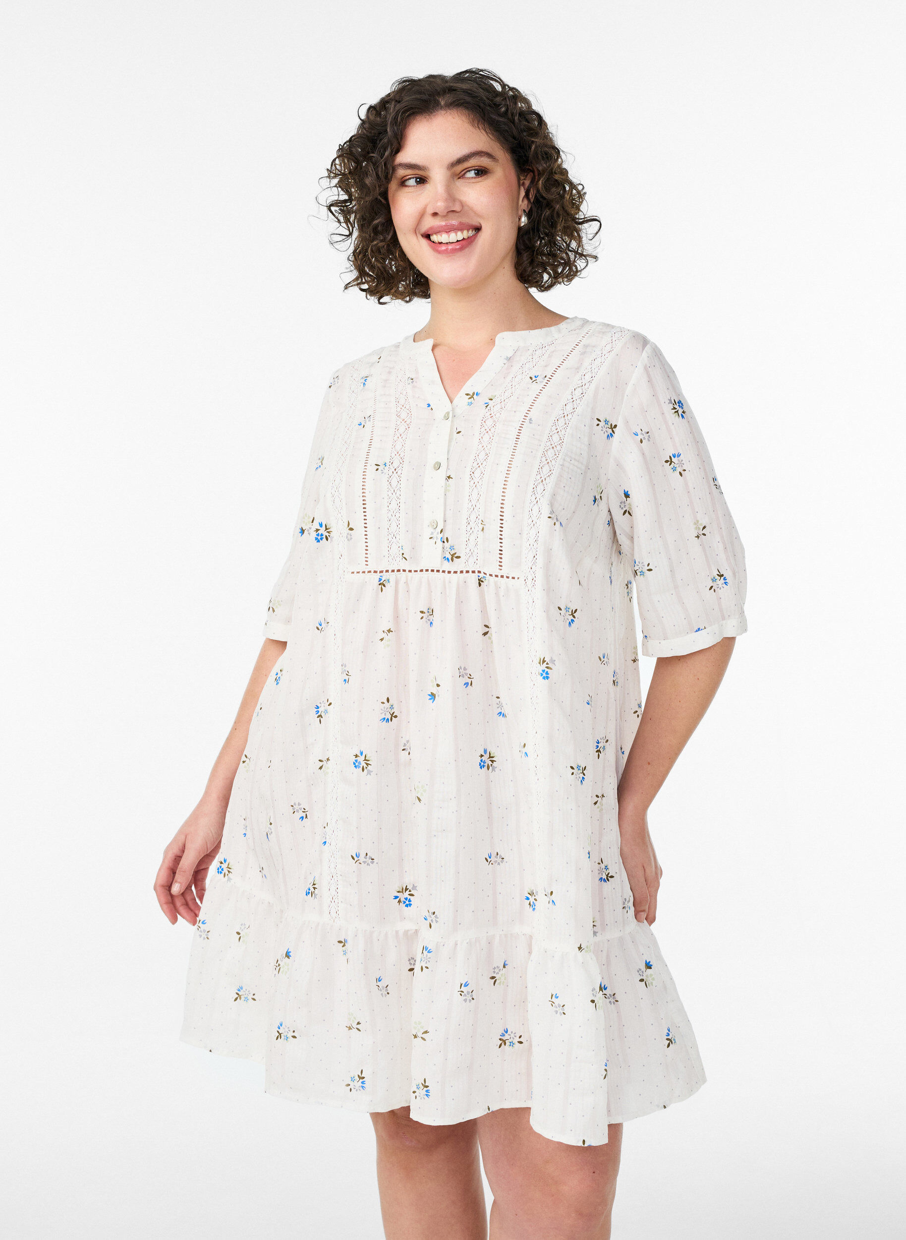 ZizzifashionShort viscose dress with lace trim and A-line cut, Vanilla, Model image number 0