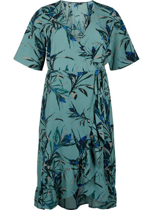 Printed wrap dress with short sleeves , Sea Pine Leaf AOP, Packshot image number 0