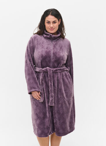 Dressing gown with zip and pockets, Vintage Violet, Model image number 0