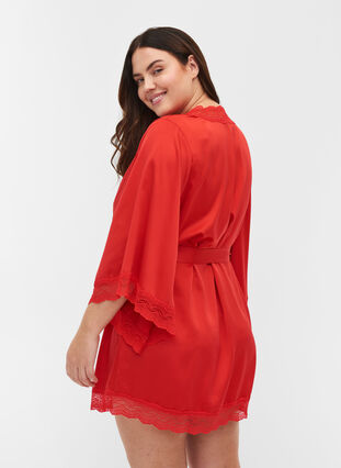 Dressing gown with lace details and 3/4-length sleeves, True Red , Model image number 1