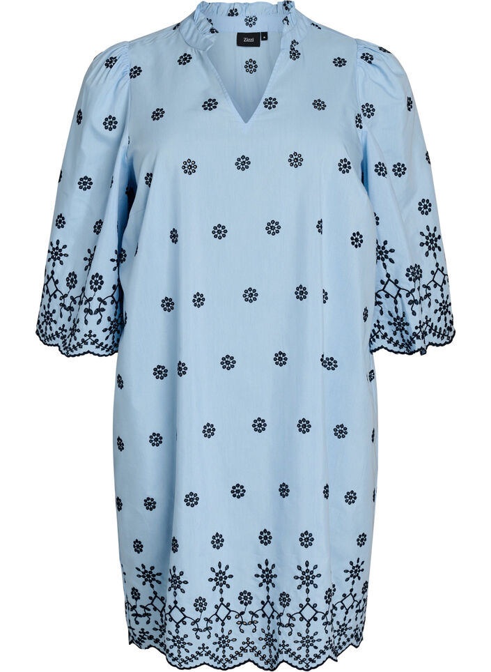 Short dress with an embroidered pattern and 3/4 sleeves, Blue, Packshot image number 0