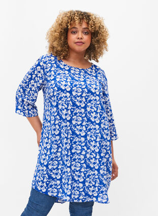 Printed dress with 3/4 sleeves, Blue White Flower, Model image number 0