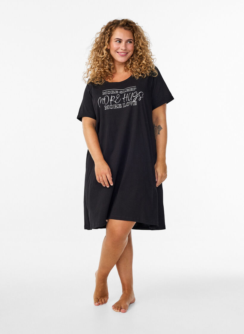 Short-sleeved nightgown in organic cotton, Black, Model image number 1
