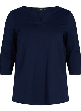 Plain-coloured cotton blouse with 3/4-length sleeves and slits, Night Sky, Packshot image number 0