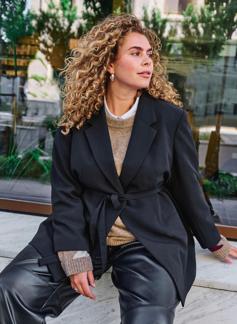 Blazer with detachable tie belt, Black, Image image number 0