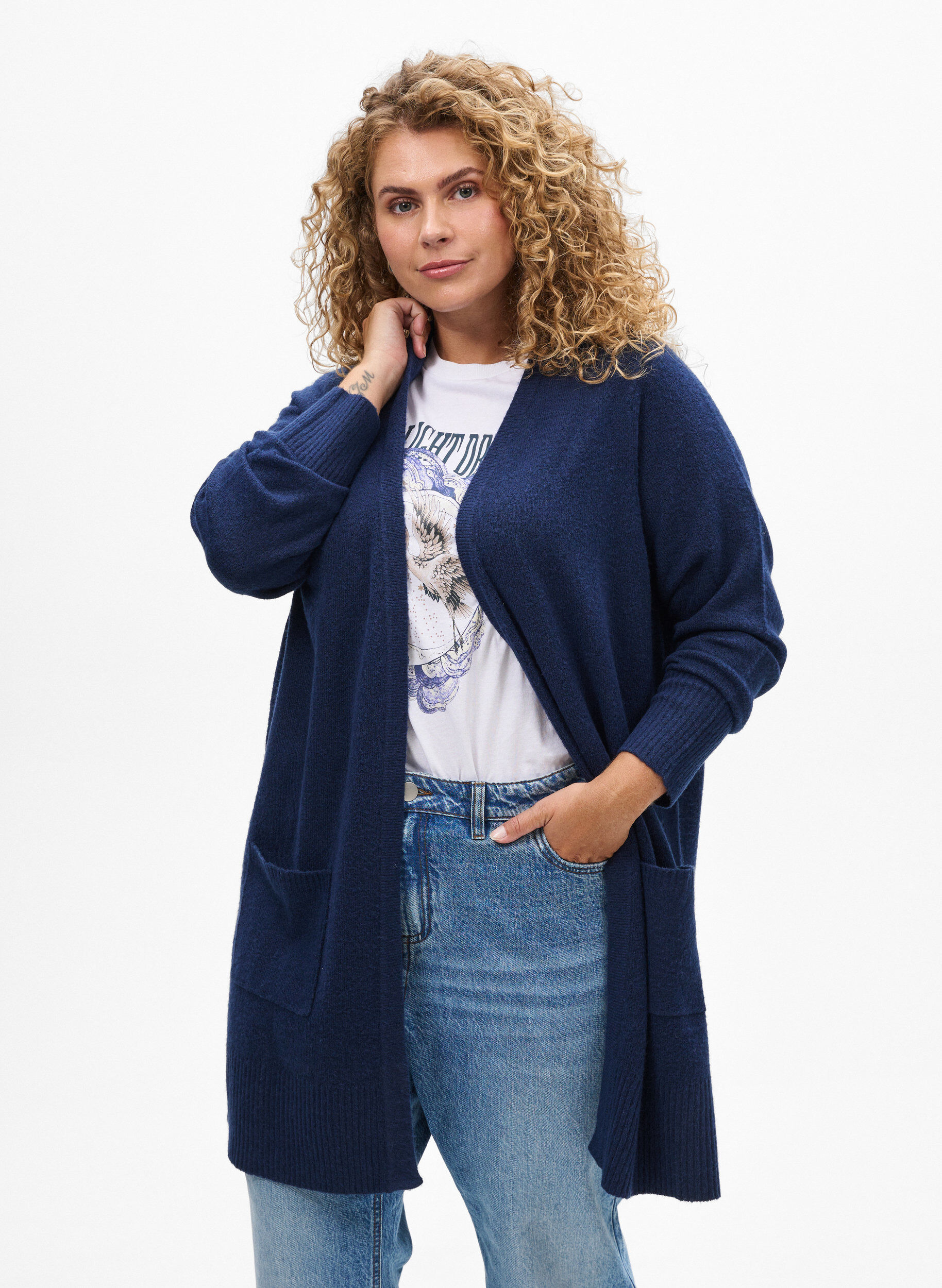 ZizzifashionRibbed Knit Cardigan with Pockets, Blue, Model image number 0
