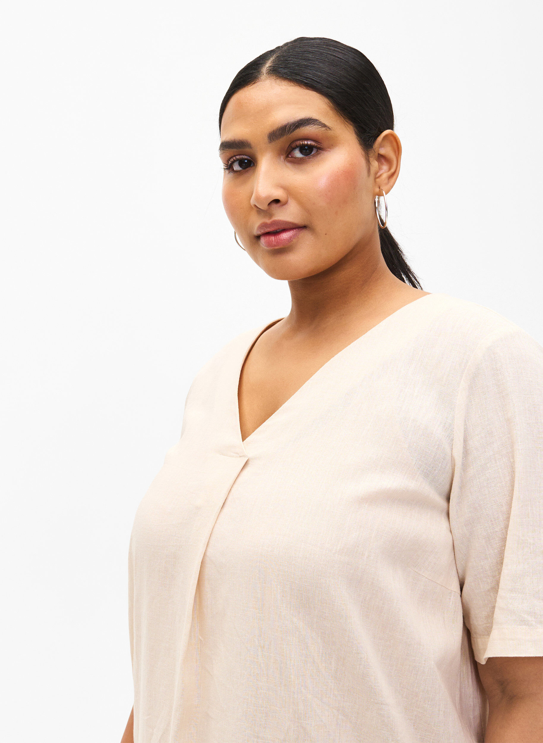 Zizzifashion Cotton blend kaftan dress with linen, Beige, Model image number 3