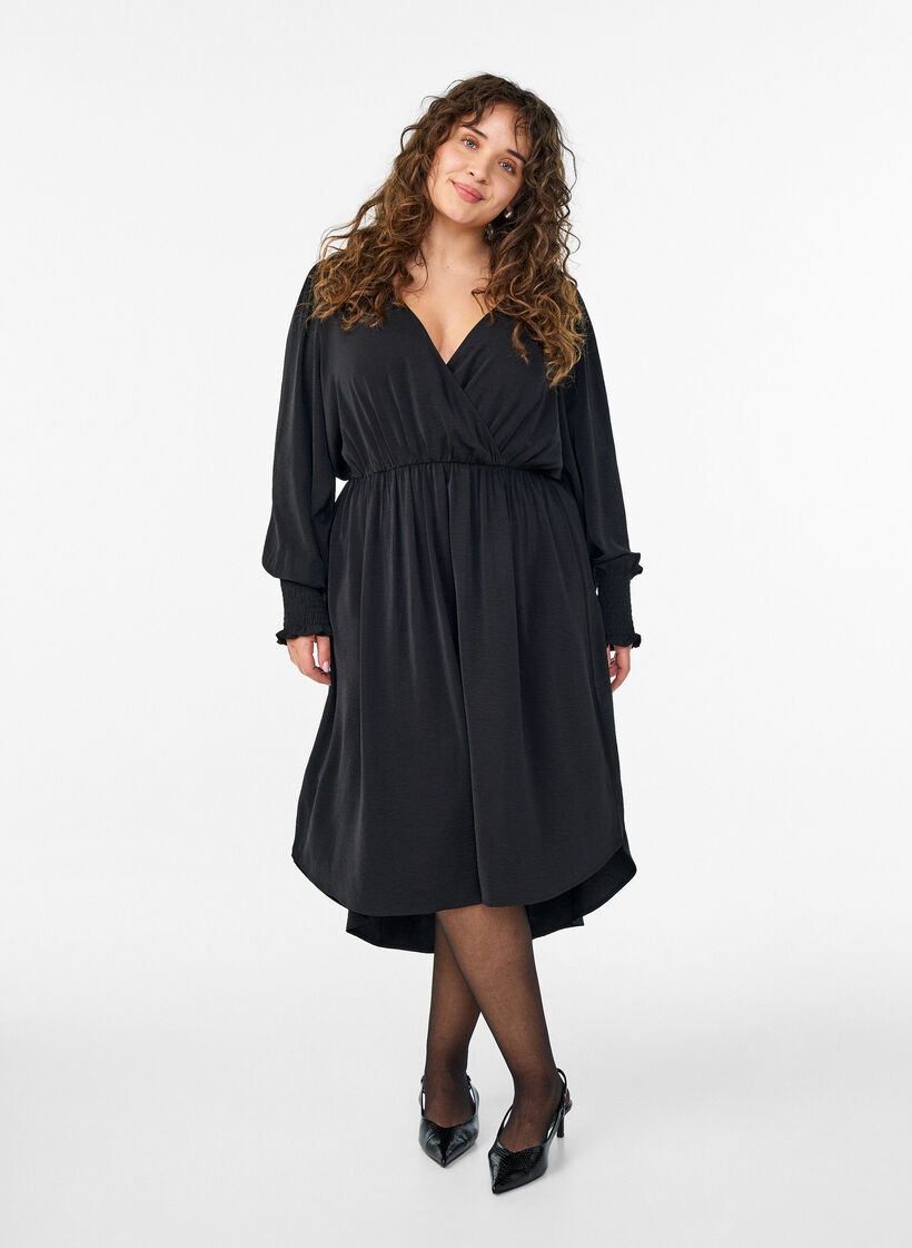 Midi dress with wrap-look and smock sleeves, Black, Model image number 0
