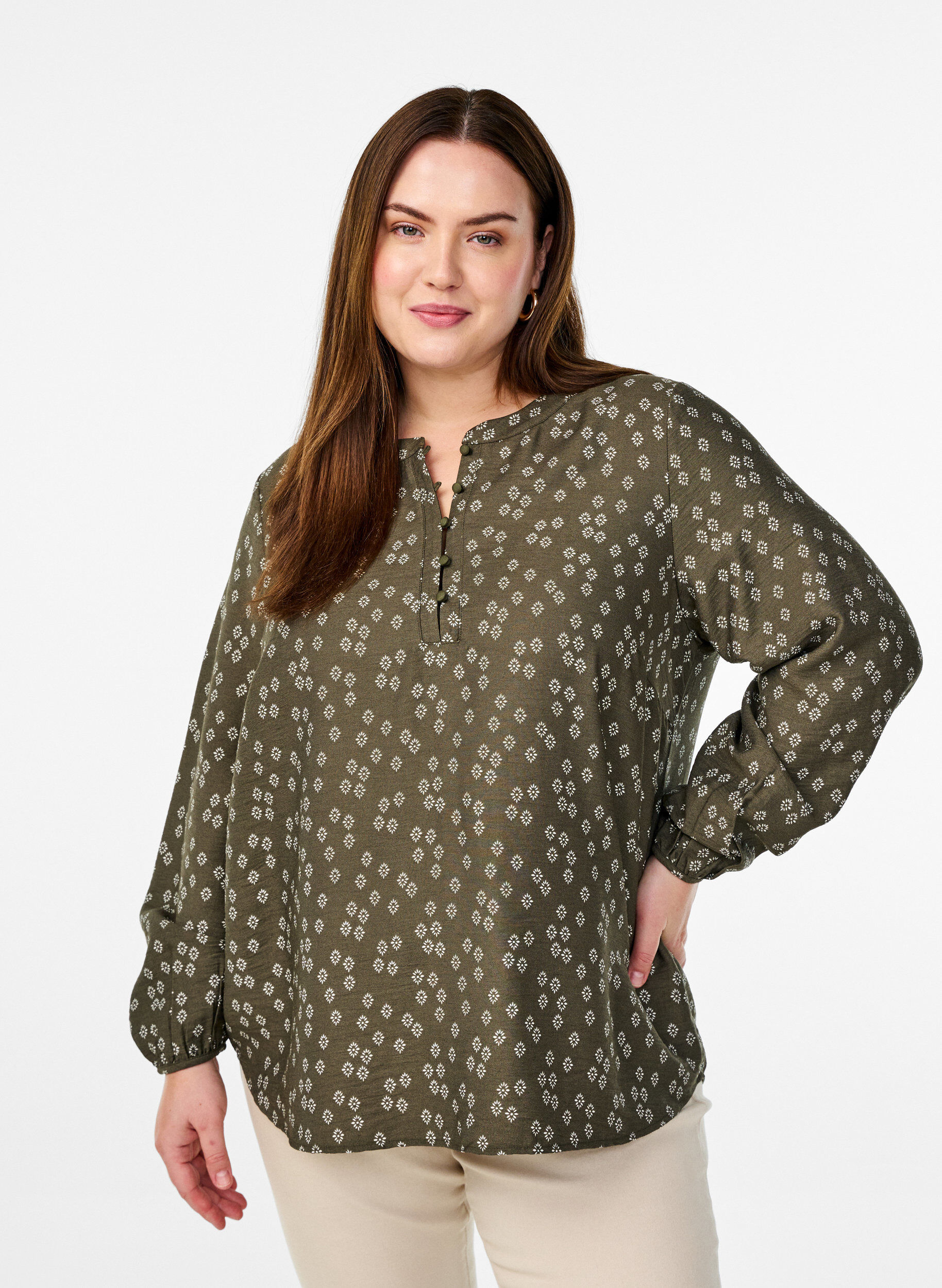 Zizzifashion Long-sleeved blouse with pattern and buttons, Green, Model image number 0
