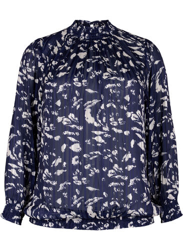 Printed blouse with smock, Blue Leaf AOP, Packshot image number 0