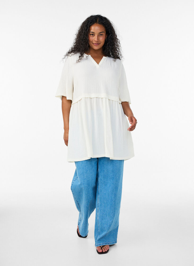 Tunic with crinkled texture and 1/2 sleeves, Vanilla, Model image number 1